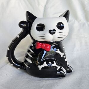 Skeleton Black Cat Mug Day Of The Dead Halloween Coffee Cup Red Bowtie